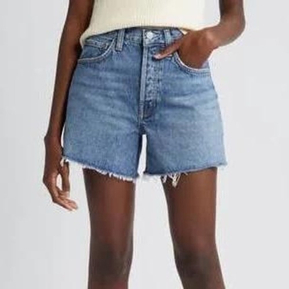 AGOLDE Parker Long High Rise Denim Shorts Medium Wash Blue Raw Hem Size 32